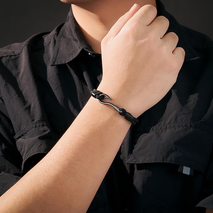 Black Bracelet for Men Husband Dad Fishing Gifts for Men Who Loves Fishing Just Hook It with Message Card