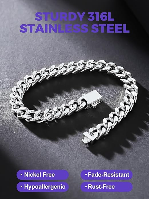 Richsteel 5/7/9/12mm Wide Miami Cuban Link Chain Bracelet for Men Women,Stainless Steel/Gold/Black Plated,7.4/8.2/9 Inch Length,Hip Hop Urban Street-wear Jewelry(Gift Wrapped)