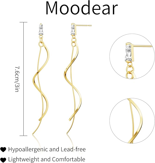 Moodear Dangle Earrings 14K Gold Plated Chain Earrings for Women Trendy Dainty Hypoallergenic Long Chain Drop Tassel CZ/Pearl Earrings Wedding Jewelry Gift