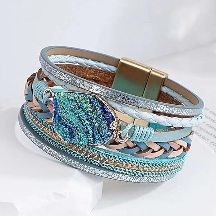 Fesciory Leopard Bracelet for Women, Boho Leather Wrap Multi-Layer Pearl Crystal Bracelet Bangle Jewelry