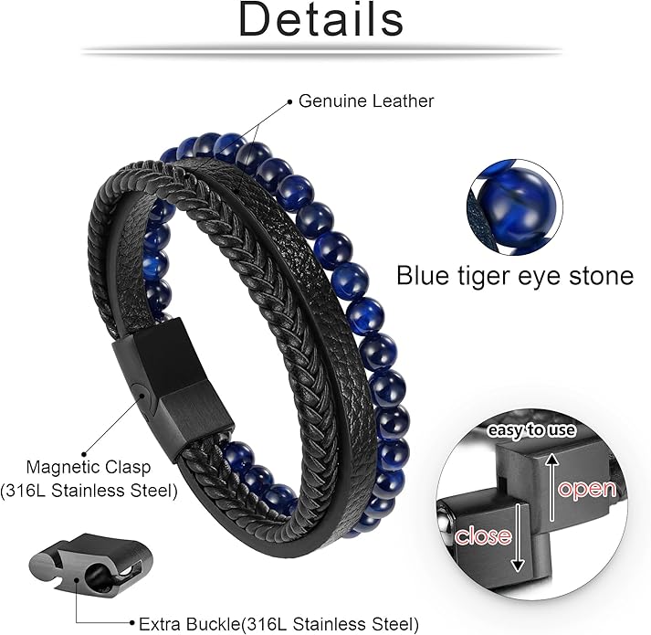 Gifts for Men - Layered Leather Beads Bracelet, Tiger Eye Lava Rock Stone Braided Leather Bracelets for Men Adjustable Magnetic Clasp Birthday Gifts