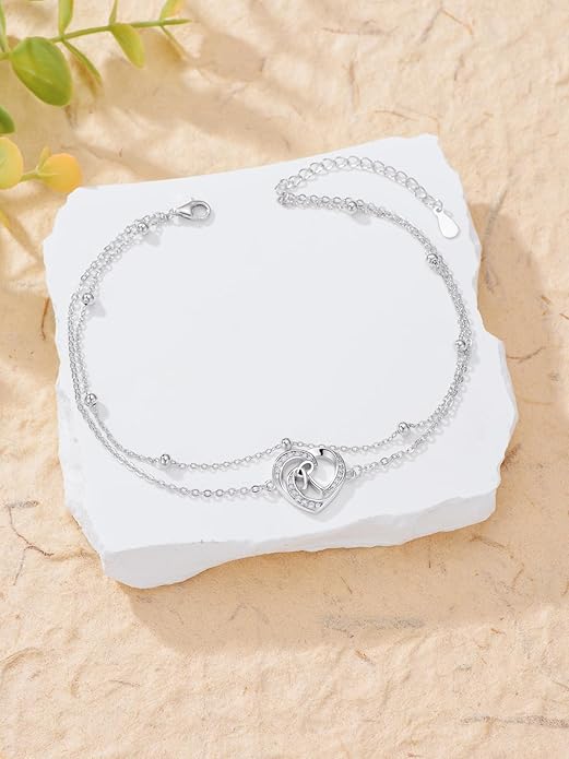 Dorunmo Initial Anklet 925 Sterling Silver Letter A-Z Layered Heart Anklet Beach Jewelry Birthday Gifts for Women