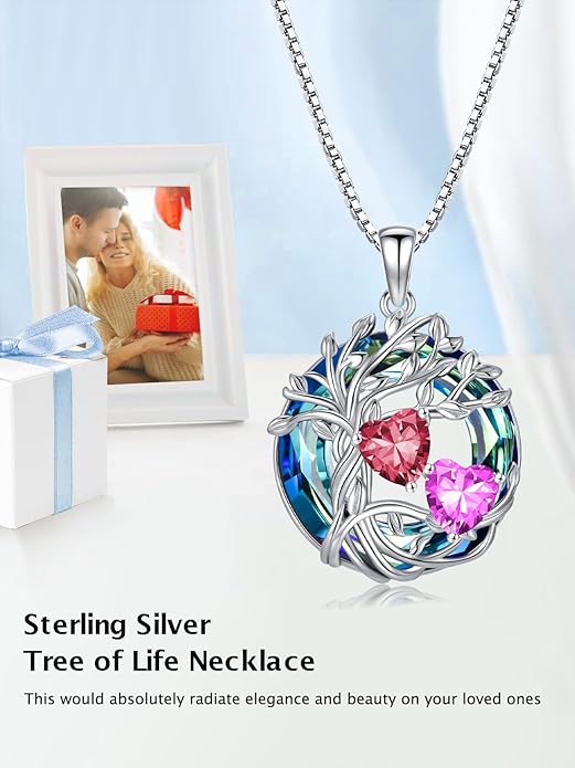 TOUPOP s925 Sterling Silver Family Celtic Tree of Life Pendant Necklaces with 2 Heart Birthstone with Blue Austrian Crystal Jewelry Birthday Anniversary Christmas Gifts for Her Wife Girlfriend Mom (18K Real White Gold Filled)