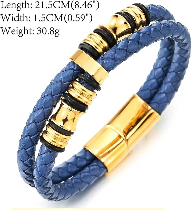 COOLSTEELANDBEYOND Mens Double-Row Braided Leather Bracelet Bangle Wristband with Stainless Steel Ornaments