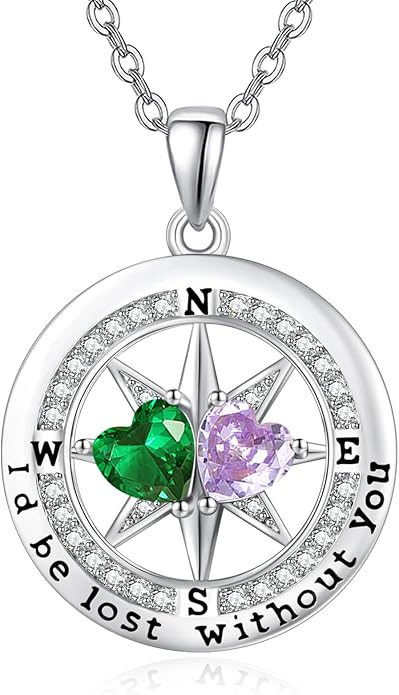 Compass Birthstones Necklace for Women, Exquisite Anniversary Birthday Gifts for Wife Her Double Birthstone Pendant jewelry ‘I'd be Lost Without You’