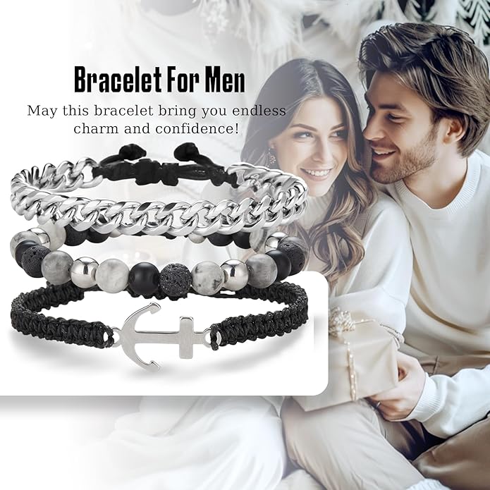 3pc Mens Beaded Bracelets Silver Stainless Steel Chain Bracelet for Men Handmade Braided Bracelet Sets Jewelry Gifts for Men