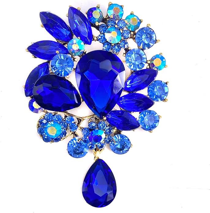 LAXPICOL Vintage Wedding Bridal Big Blue Crystal Rhinestone Tear drop Brooch Pin for Women