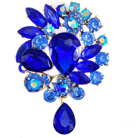 LAXPICOL Vintage Wedding Bridal Big Blue Crystal Rhinestone Tear drop Brooch Pin for Women