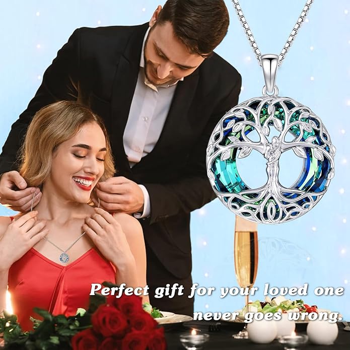 HOTIE Tree of Life Crystal Necklace for Women Sterling Silver Couples Hug Tree Pendant Necklaces Gifts for Wife Anniversary Birthday Christmas