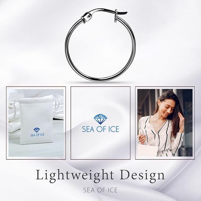 SEA OF ICE 925 Sterling Silver Hoop Earrings for Women - Hypoallergenic Earrings for Women in Sterling Silver, Yellow Gold, Rose Gold or Black Rhodium | Sizes 12MM, 15MM, 20MM or Multipack