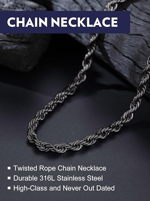 Bandmax Solid 1.5mm/2mm/3mm/6mm Rope Chains for Men Women 14K Gold Plated/Black Plated Stainless Steel Twist Chain 16-30 Inches, with Gift Box