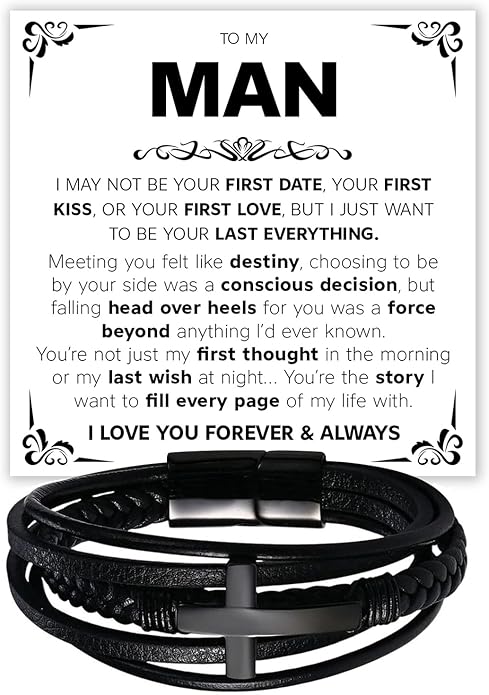 Mapileng To My Man – Braided Leather & Stainless Steel Bracelet with Heartfelt ‘Love You Forever’ - Elegant Gift Box Included, Gift from Girlfriend or Wife for Husband, Boyfriend, or Brother