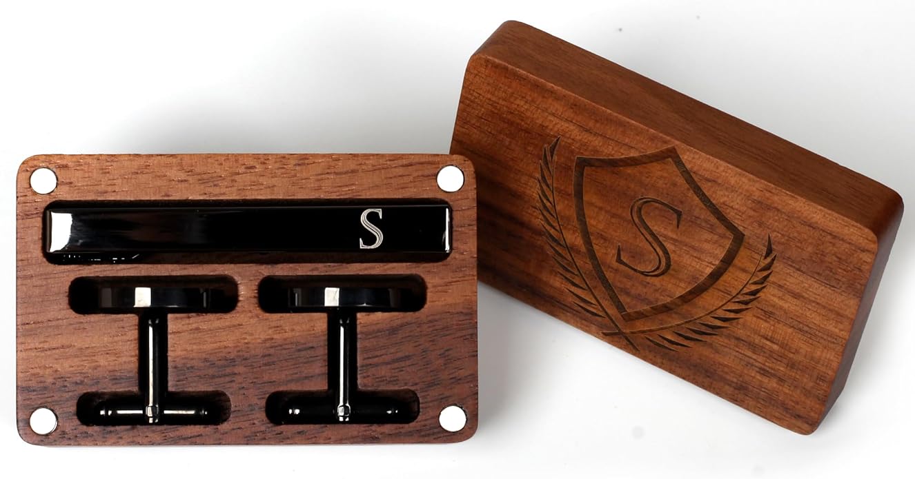 Mens Initial Cufflinks and Tie Clip A-Z Alphabet Letter Black Stainless Cuff Links Tie Bar with Engraved Walnut Wood Box Groom Groomsman Wedding Set