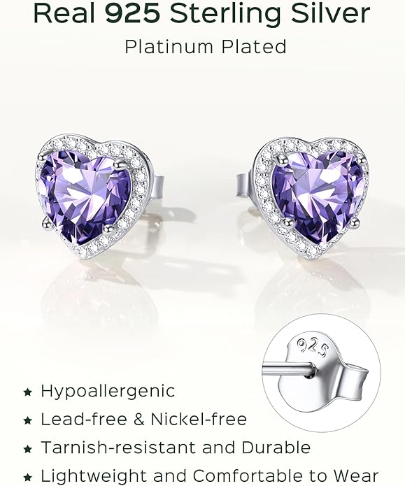 ChicSilver 925 Sterling Silver Birthstone Earrings for Women, 8MM/2 Carat Heart & Round Cubic Zirconia Stud Earrings, Hypoallergenic Jewelry, Ideal Birthday or Christmas Gifts