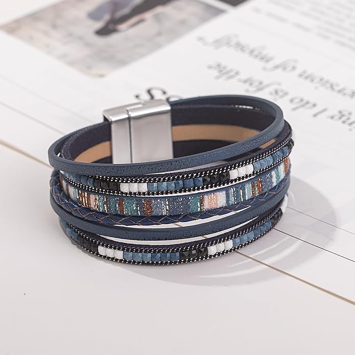 FANCY SHINY Boho Leather Wrap Bracelets Trendy Layered Bracelets with Magnetic Clasp Strackable Bohemian Jewelry Gifts for Women