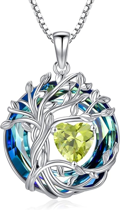 TOUPOP Tree of Life Birthstone Necklace 925 Sterling Silver Pendant Austrian Crystal Jewelry Anniversary Birthday Christmas Gifts for Women Mom Her Wife