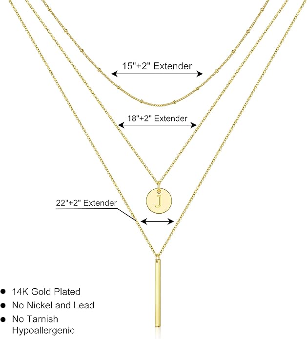 Initial Layered Necklaces for Women, 14K-Gold-Plated Coin Letter Necklace Bar Stacking Layer Necklace Multi Bar Layering Y-Necklaces Jewelry for Women