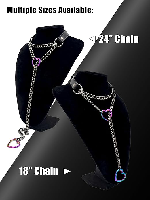 Black Leather Choker Collar For Women, Handmade Heart Slip Chain Choker Long Necklace with Adjustable Buckle