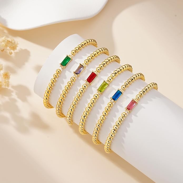 Yoosteel Dainty Birthstone Bracelet for Women - Elastic 14K-Gold-Plated Bead Bracelets Trendy Friendship Birthday Jewelry Gifts Christmas Stocking Stuffer for Women