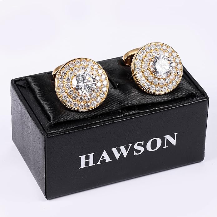 HAWSON Cufflinks for Men, Gold Diamond Crystal Cufflinks for Groom Husband Personalized Gifts, Mens Formal Wedding Business Cufflinks, Luxurious Gorgeous Cuff Links French Shirt Accessories