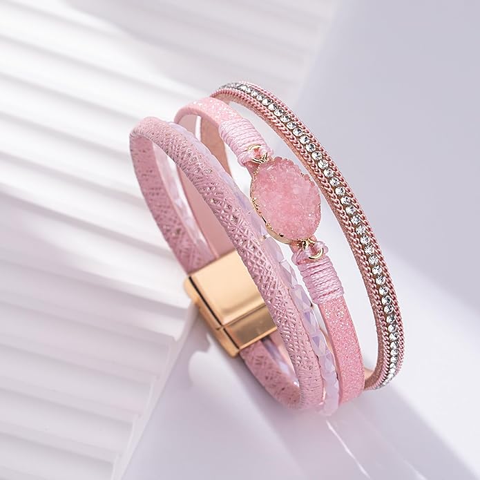 FANCY SHINY Leather Wrap Bracelet Boho Cuff Bangle Bracelets Crystal Bead Bracelet with Magnetic Clasp Jewelry Gifts for Women