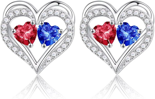 Iefil Birthstone Earrings for Women - 925 Sterling Silver Heart Earrings Anniversary Birthday Gifts for Women Wife Girlfriend Mom