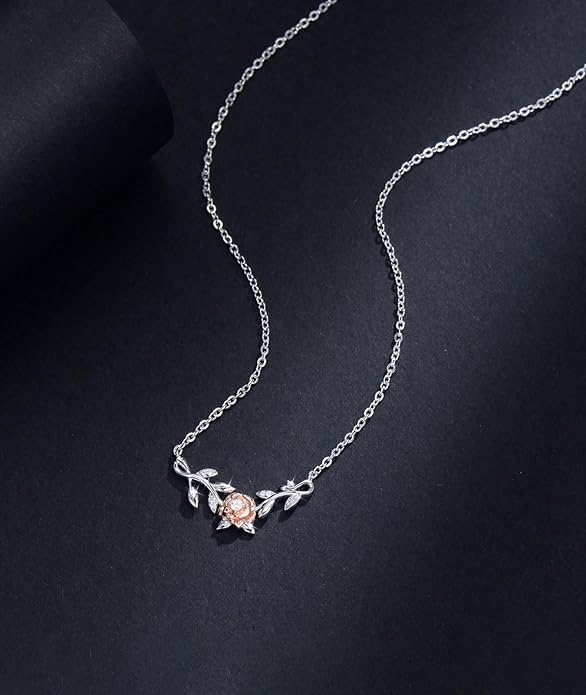 1/20 Carat Diamond Rose Necklace for Women 925 Sterling Silver Rose Flower Vine Pendant Necklaces 18K Gold Plated Fine Jewelry