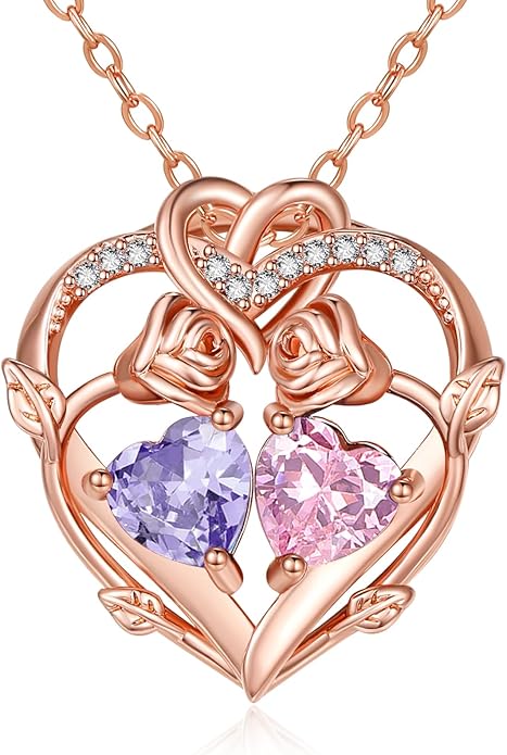 Rose Gold Necklaces for Women Double Birthstone Rose Flower Heart Pendant Necklace Jewelry Anniversary Christmas Valentine's Mother's Day Birthday Gift for Wife Mom Her Girlfriend Sister