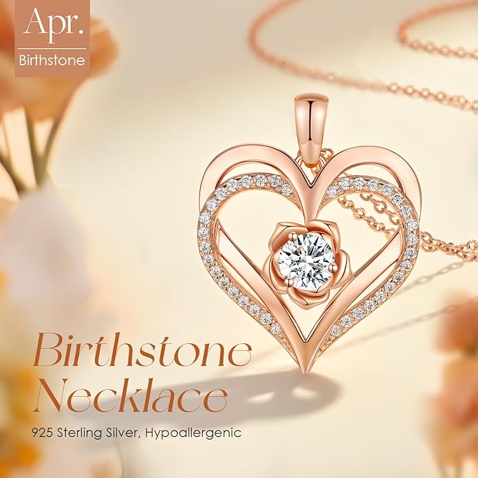 CDE Christmas Gifts for Women S925 Silver Rose Gold Heart Birthstone Necklaces for Women，Ideal Anniversary or Birthday Jewelry Gifts for Wife Girlfriend Her
