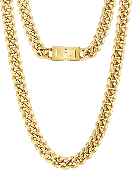 KRKC&CO Cuban Link Chain for Men 8/10/12/14mm, Brithday Gift for Men, 18k Gold Miami Necklace, Durable, Anti-Allergies Hip Hop Jewelry for Mens