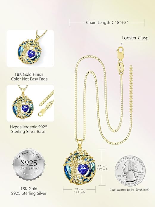 TOUPOP Christmas Gifts Tree of Life Birthstone Necklace 925 Sterling Silver Pendant Austrian Crystal Jewelry Anniversary Birthday Gifts for Women Mom Her Wife