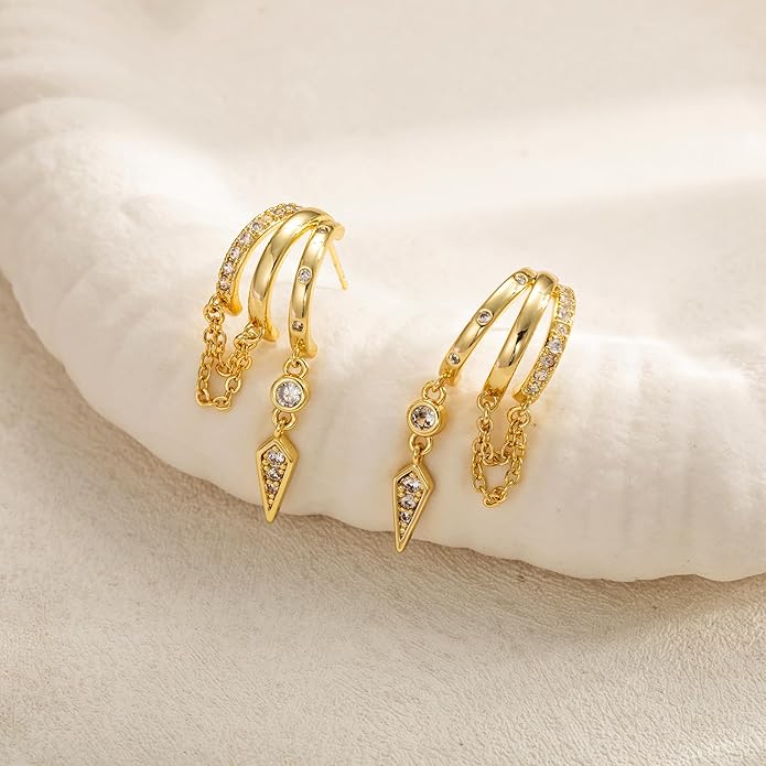Dangle Earrings for Women,14k Gold Plated Triple Huggie Stud Earrings Dainty Drop Earrings for Women Trendy Gold Statement CZ Long Chain Earrings Non Tarnish Jewelry
