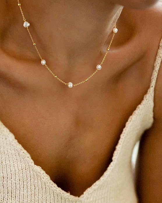 Gold Pearl Necklace for Women, Chunky 18K Gold Plated Layered Choker Chain - Double Layered Pearl Necklace, Trendy Gold Jewelry Birthday Gifts