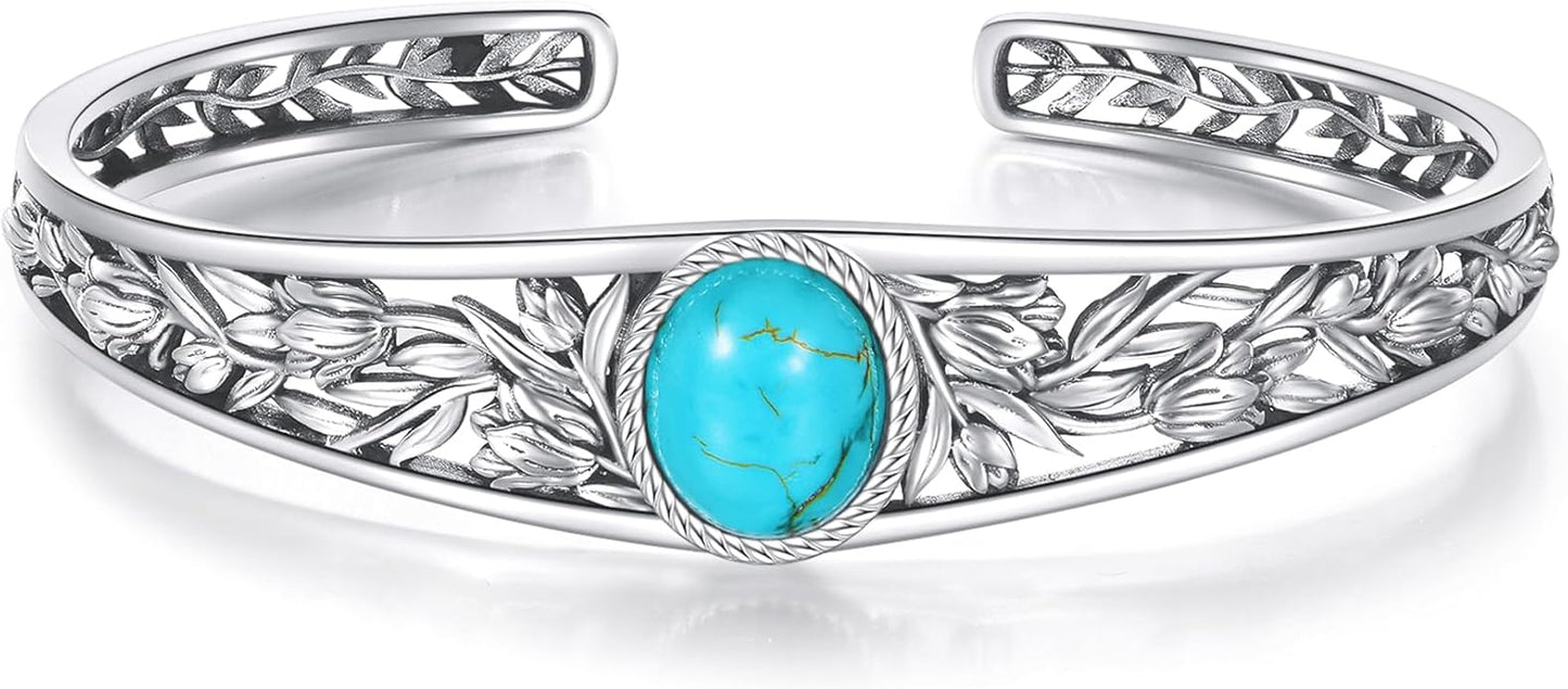 Christmas Jewelry Gift for Women-Genuine Turquoise Cuff Bracelet, Sterling Silver Western Vintage Floral Bangle Native American Jewelry, For 6.5-7.5 Inch Wrists