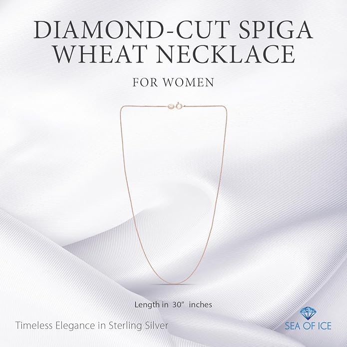 SEA OF ICE Italian Spiga Wheat Chain Necklace – Silver Chain Necklace for Women and Men – 925 Sterling Silver Spring Ring Locked Jewelry Chain – Multisize Silver Chain Unisex