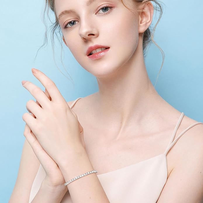 Moissanite Tennis Bracelet 1.52ct-7.76ct Adjustable Bracelet for Women 18K White Gold Plated S925 Sterling Silver Tennis Bracelet D Color VVS1 Round Cut 2/3/4mm Moissanite Bracelet Gifts for Wife/Mom