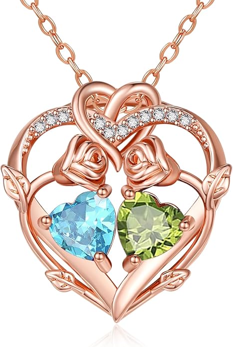 Rose Gold Necklaces for Women Double Birthstone Rose Flower Heart Pendant Necklace Jewelry Anniversary Christmas Valentine's Mother's Day Birthday Gift for Wife Mom Her Girlfriend Sister