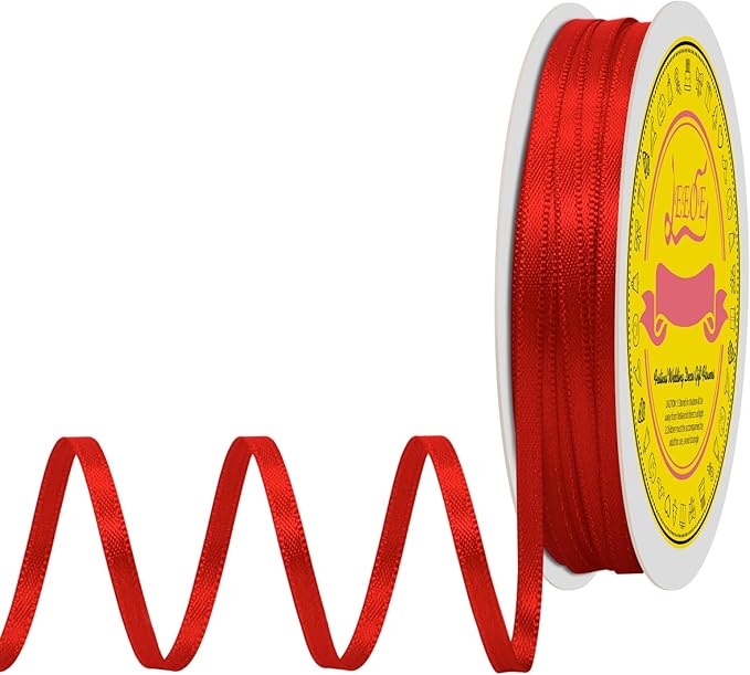 LEEQE Double Face Red Satin Thin Ribbon 1/8 inch X 50 Yards Polyester Red Ribbon for Gift Wrapping Very Suitable for Weddings Party Hair Bow Invitation Decorations and More