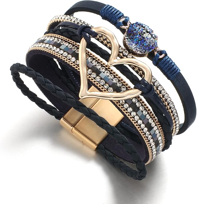 Leather Wrap Bracelet for Women Beaded Cuff Bracelet with Heart-shape Decor Bohemian Crystal Bracelet Jewelry with Clasp Bangle Bracelet for Women Girls Birthday Holiday Gift