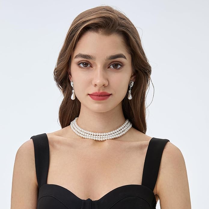 BABEYOND Round Imitation Pearl Necklace Vintage Multi Strands Necklace 20s Flapper Necklace for Party