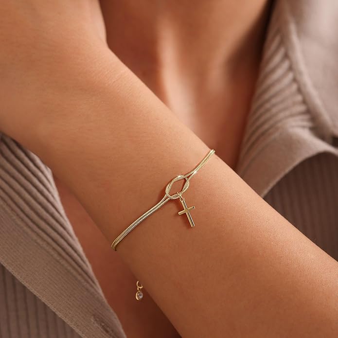 Moodear Christmas Gifts Sotcking Stuffers, Dainty 925 Sterling Silver/14k Gold Plated CZ Cross Bracelet Layered Snake Pearl Chain Knot Bracelets for Women Trendy Religious Christian Jewelry