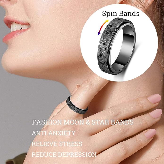 AmorArtSky Anxiety Ring for Women Men, Titanium Stainless Steel Spinner Ring, 5 Colors, 6MM, Size 6-10, 3 Styles Anxiety Ring-Moon Star, Sandblasted Finished, Hollow Outer