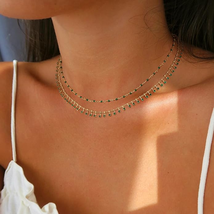 MTMY Beaded Necklaces for Women 14K Gold Plated Dainty Colorful Green/Rose Beaded Pearl Choker Necklace Delicate Boho Choker Necklace Jewelry Gift