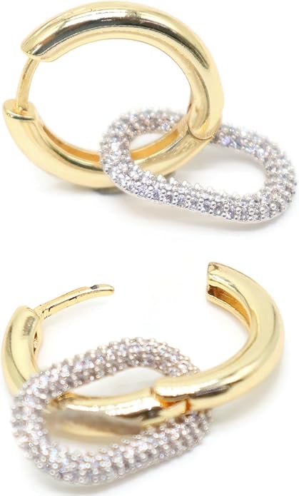 Gold Tone Geometric Dangle Hoop Earrings for Women – Crystal Rectangle Charm, 35mm Drop Length, 12mm Width.KT0013