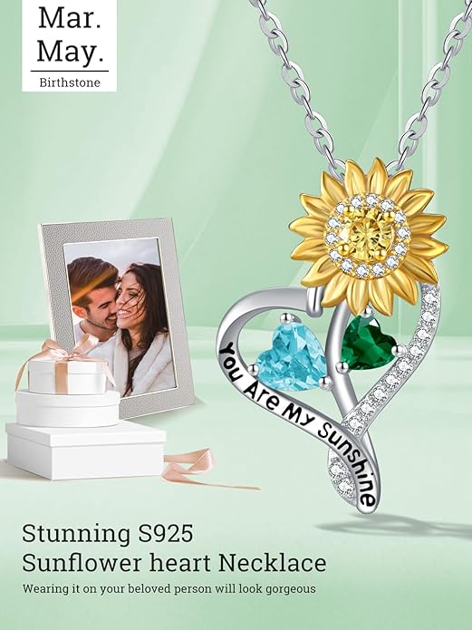 Zeuslia Double Birthstone Necklace Gifts for Wife - 925 Sterling Silver Sunflower/Rose/Crown Cross/Compass/Heart Pendant I Love You Necklace, Anniversary Birthday Gifts for Wife Girlfriend Mom Her