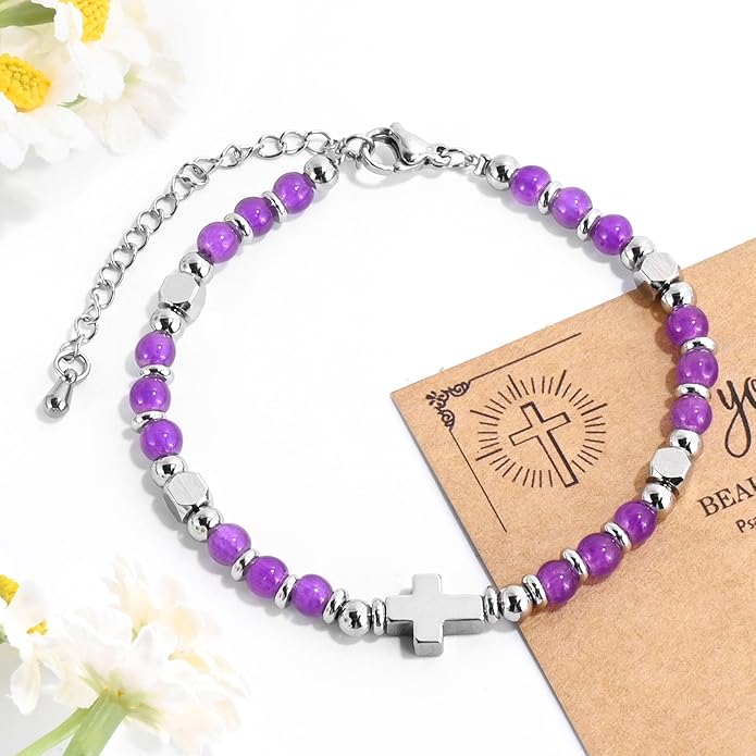 VIBILIA Cross Beaded Bracelets for Women, Inspirational Natural Heart Religious Bracelets for Women, Birthday Christian Gifts for Women on Thanksgiving Christmas Gifts