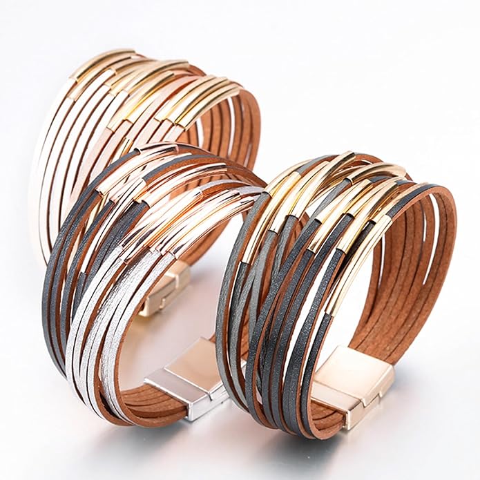 Fesciory Leather Wrap Bracelets for Women, Boho Leopard Multi-Layer Crystal Beads Cuff Bracelet Jewelry