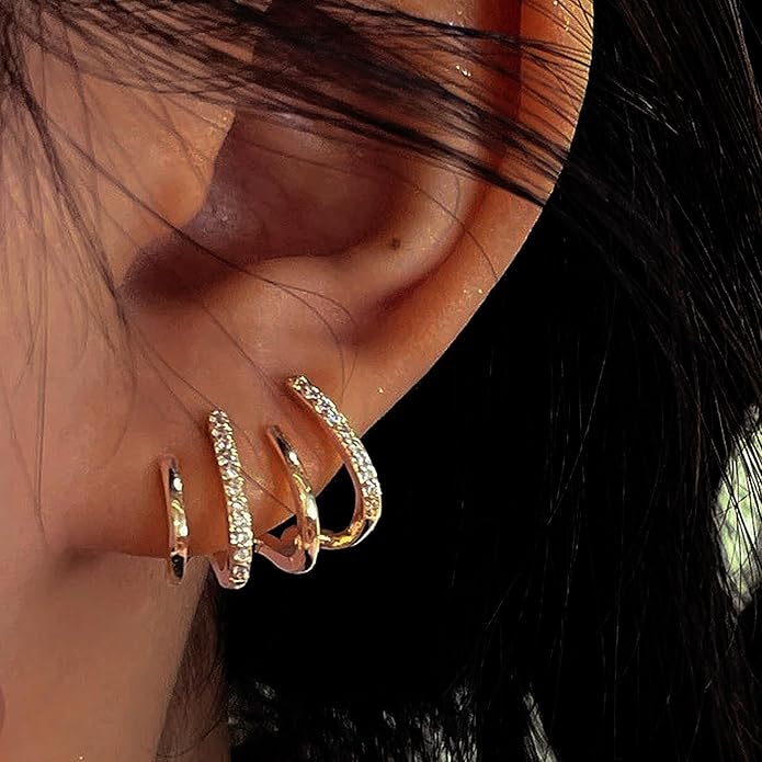 14K Gold Plated Hoop Earrings for Women Triple Huggie Illusion Stud Earring | Double Huggie Hoop Earrings for One Hole | Claw Ear Cuff Earring Jewelry Gift for Women