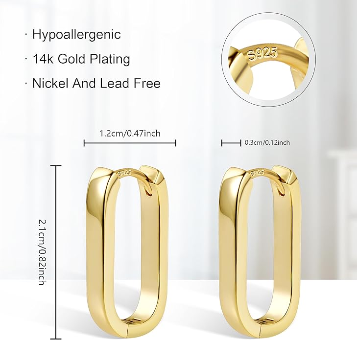 925 Sterling Silver Hoop Earrings for Women Small Square Hypoallergenic 14K Gold Plated Hoop Earrings Geometric Minimalist Rectangle Hoops