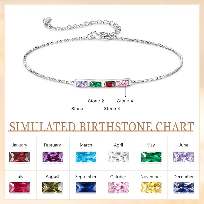 925 Sterling Silver Personalized Mom Birthstone Bracelets for Women — Custom Adjustable Dainty Jewelry for Mother’s Day, Birthday, Christmas Gifts for Mom Grandma Wife